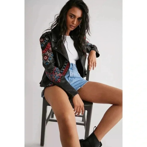 NWT Free People Mari Leather Moto Jacket Embroidered Black - Picture 13 of 17
